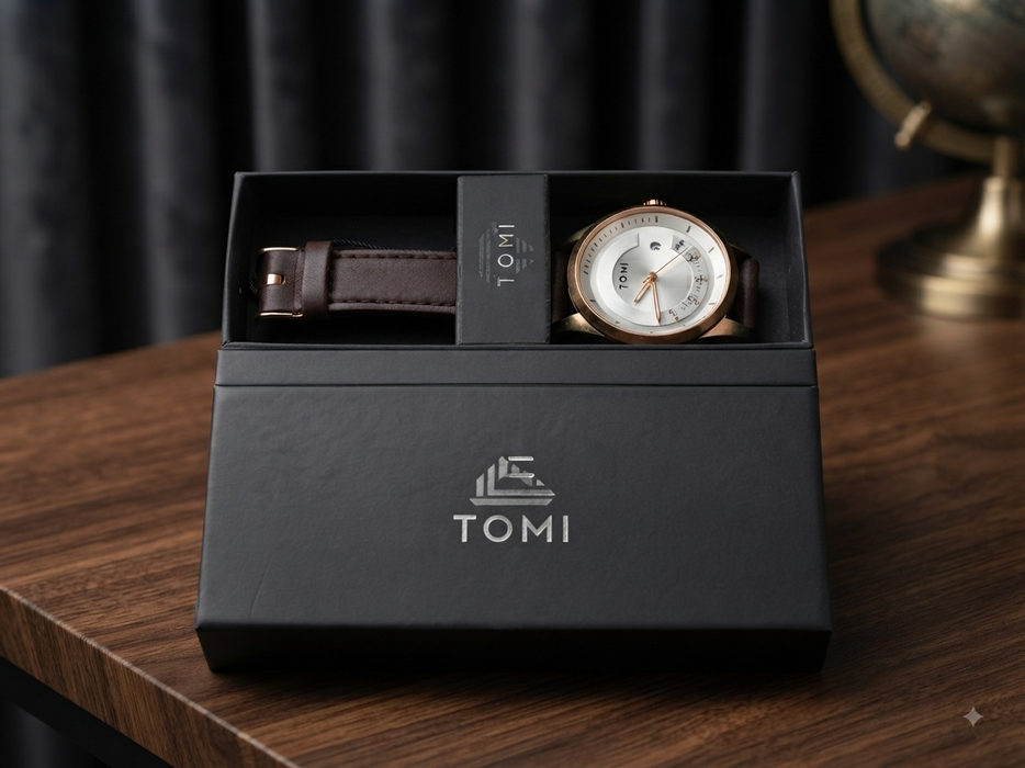 TOMI Elegant Leather-Strap Analog Watch – Textured Silver Dial