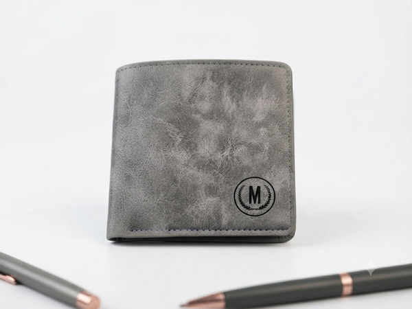 Customized Men's Grey Leather Wallet with Initial Monogram & Gift Box
