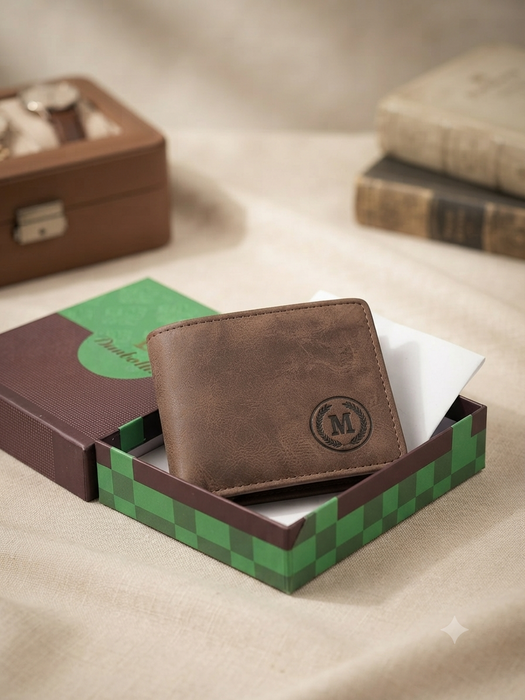 Premium Brown Leather Bi-Fold Wallet with Custom 'M' Monogram