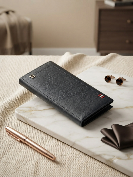 Premium Men's Black Faux Leather Long Wallet with Elegant Box and Accents