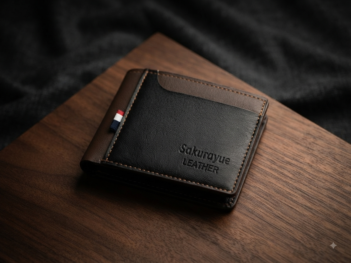 Sakurayue Premium Two-Tone Leather Bifold Wallet with Accent Stripe