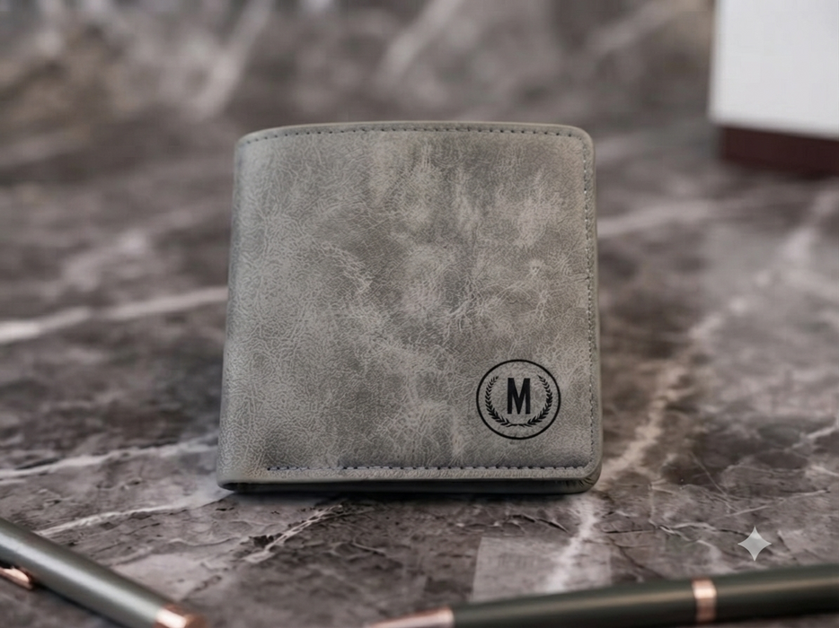Customized Men's Grey Leather Wallet with Initial Monogram & Gift Box