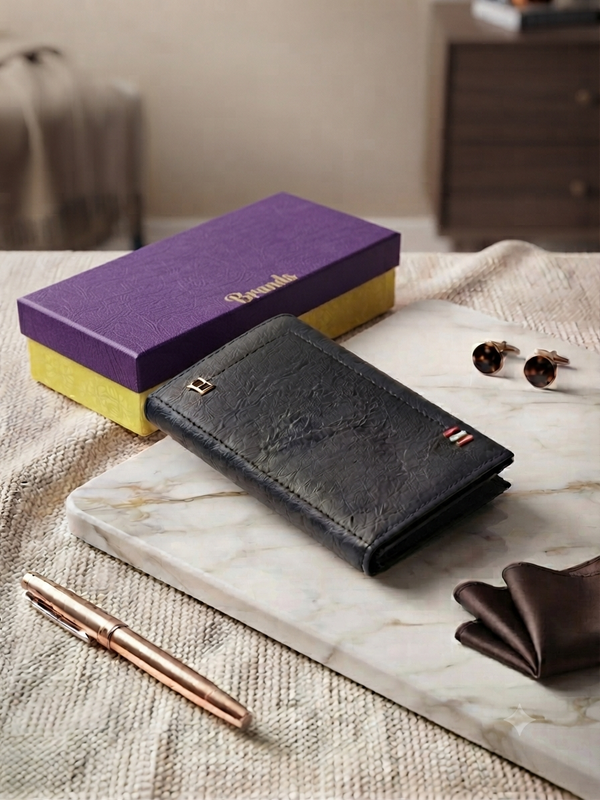 Premium Men's Black Faux Leather Long Wallet with Elegant Box and Accents