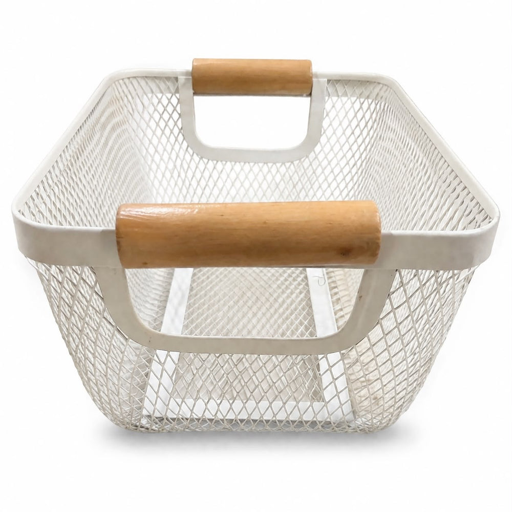 White Metal Mesh Basket with Wooden Handles