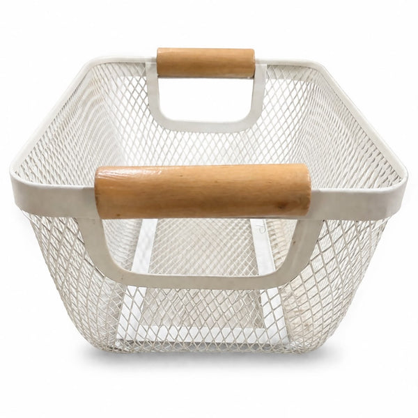 White Metal Mesh Basket with Wooden Handles