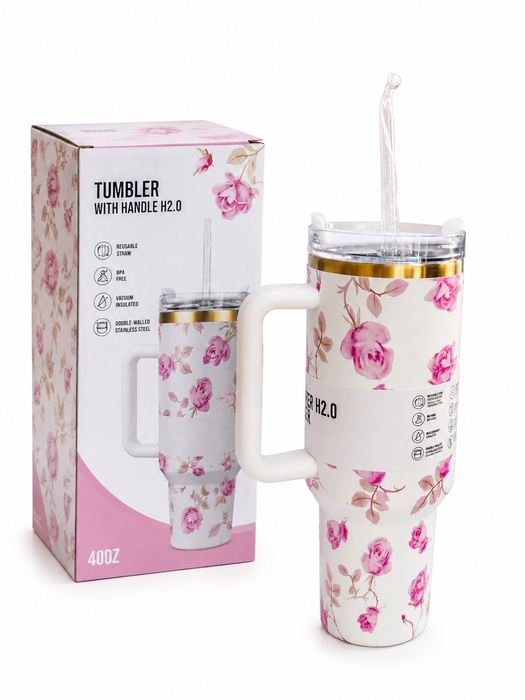 40oz Travel Tumbler with Handle & Straw – Floral Design