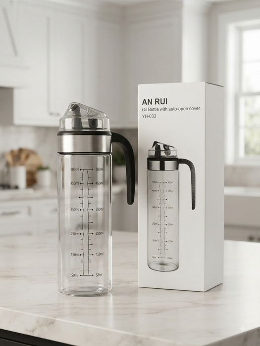 AN RUI 500ml Glass Oil Dispenser Bottle with Auto-Open Cover, Measuring Scale & Leak-Proof Handle