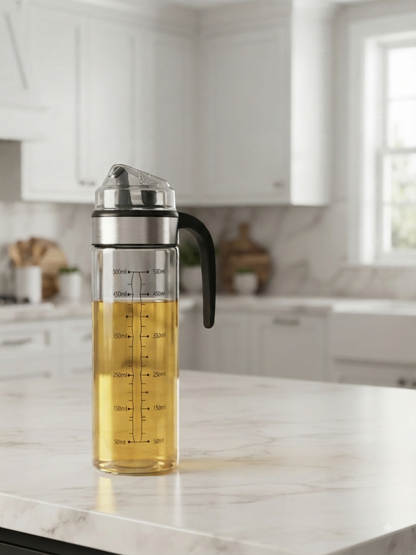 AN RUI 500ml Glass Oil Dispenser Bottle with Auto-Open Cover, Measuring Scale & Leak-Proof Handle
