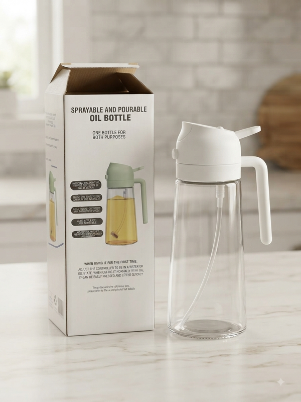 Multipurpose 2-in-1 Spray and Pour Glass Oil Dispenser Bottle with White Lid