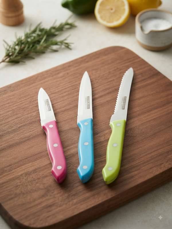 Color-Coded Kitchen Knife Set on Wooden Board - Vibrant and Durable
