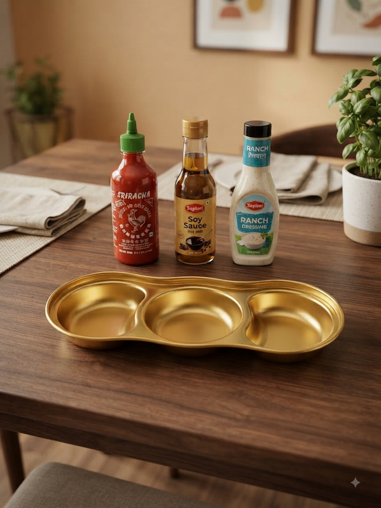 Premium Gold Stainless Steel 3-Compartment Sauce Dish & Seasoning Tray